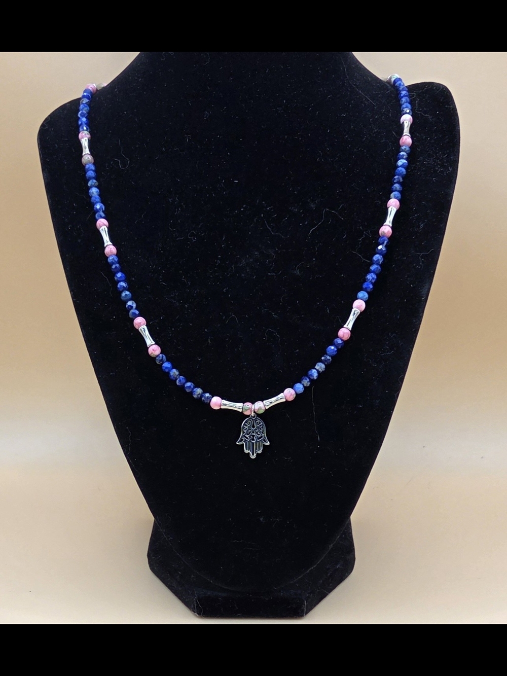Lapis Lazuli, Rain Flower Jade and Stainless Steel Necklace with Hamsa Pendant